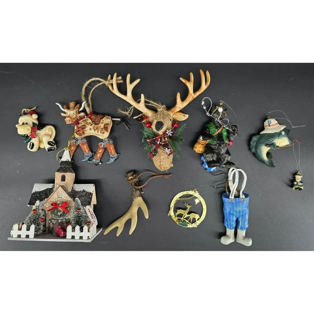 Vintage Lot Of 9 Outdoor Theme Christmas Ornaments Fishing Cows Hunting‎ Rustic